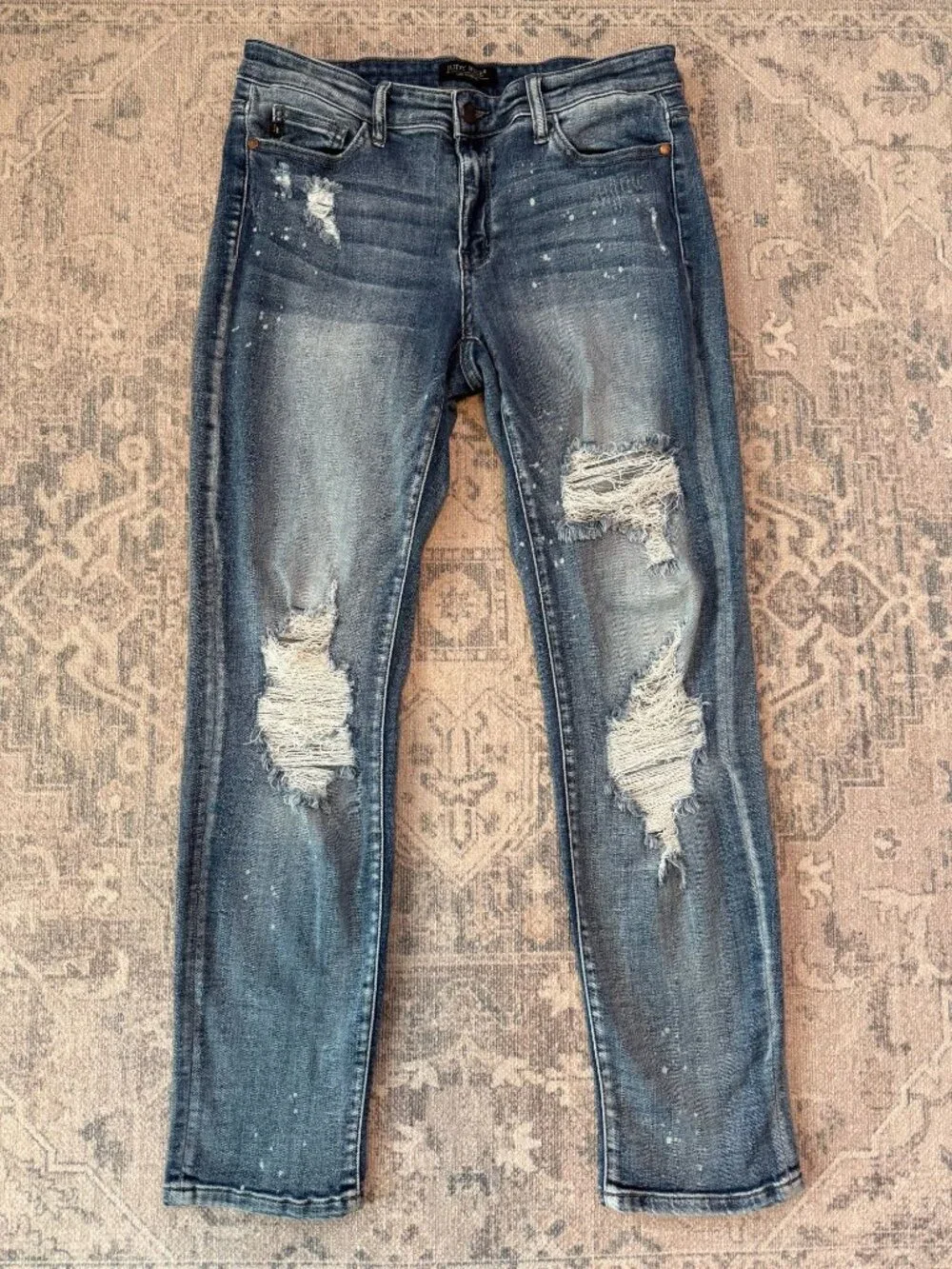 Judy Blue Boyfriend Fit Medium Wash Distressed High Rise Jeans 30 Classic Denim